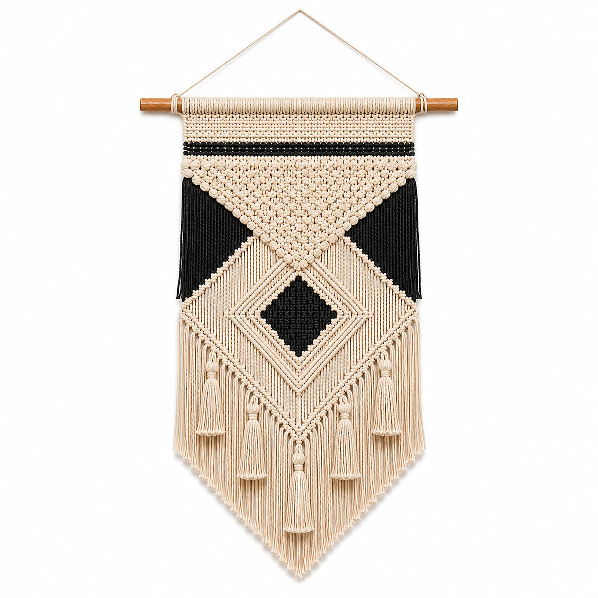 Black and ivory diamond macrame wall hanging with tassels by Primeval