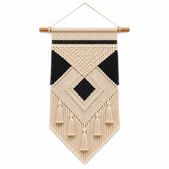 Black and ivory diamond macrame wall hanging with tassels by Primeval