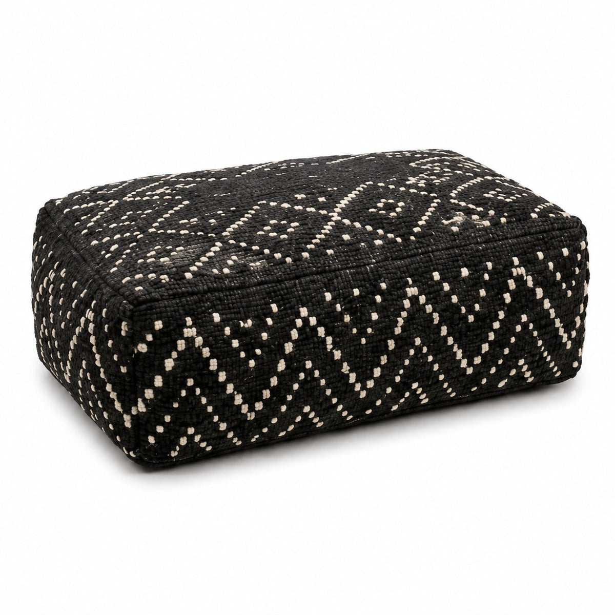 Black & Ivory Dotted Geometric Woven Rectangular Pouf Ottoman on white background