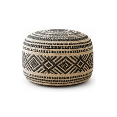 Black & Ivory Geometric Tribal Round Pouf Ottoman on white background