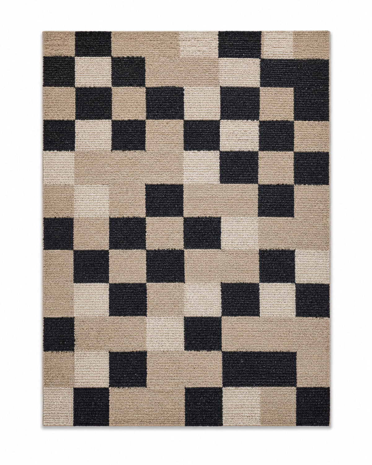Black, ivory and beige pixel checkerboard area rug for wholesale sourcing from India
