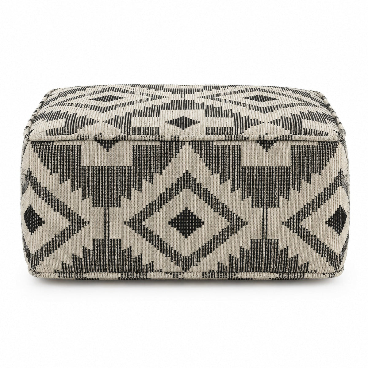 Black & Ivory Tribal Geometric Woven Rectangular Pouf Ottoman on white background