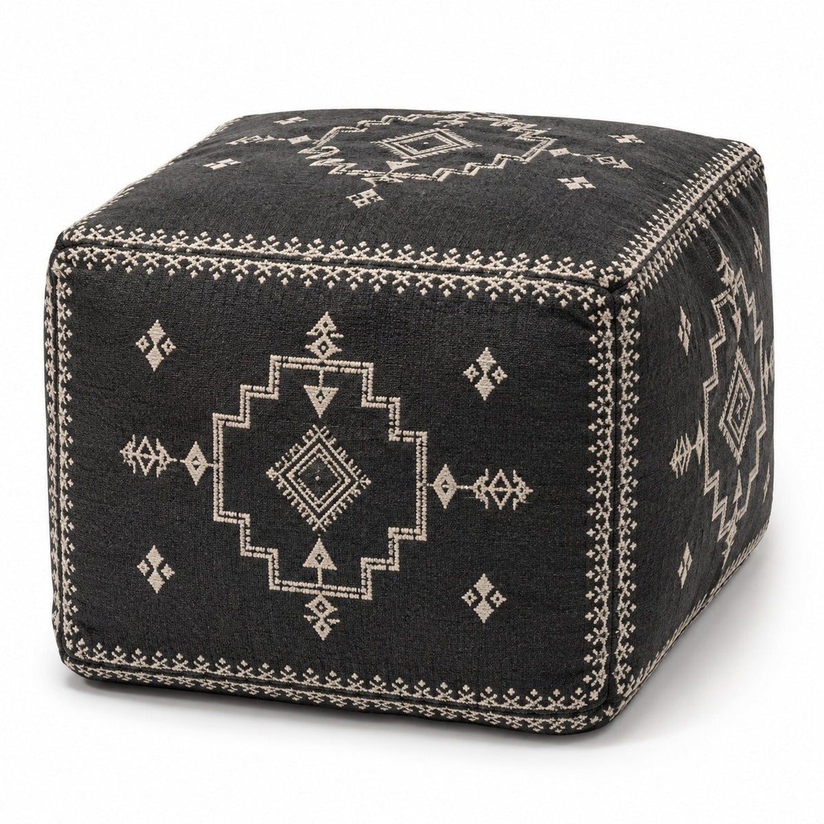 Black & Ivory Tribal Medallion Kilim Cube Pouf Ottoman on white background