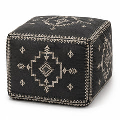 Black & Ivory Tribal Medallion Kilim Cube Pouf Ottoman on white background