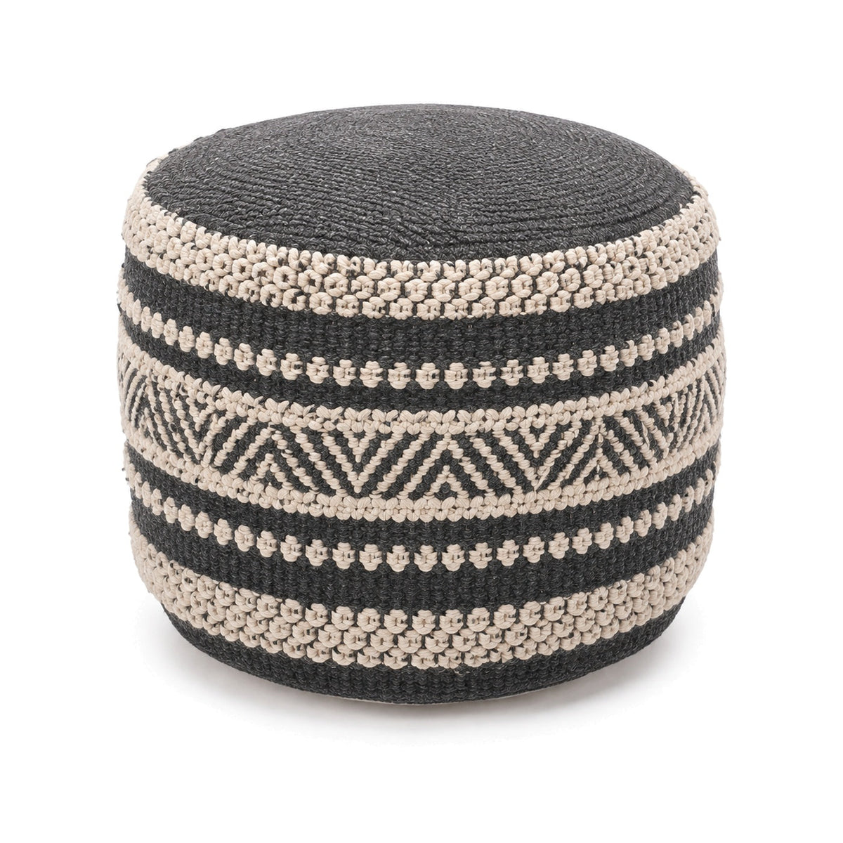 Black and ivory tribal stripe round pouf ottoman on white background