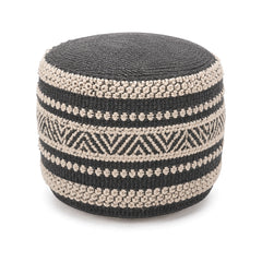 Black and ivory tribal stripe round pouf ottoman on white background