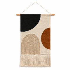 Black rust and natural abstract geometric woven wall hanging by Primeval