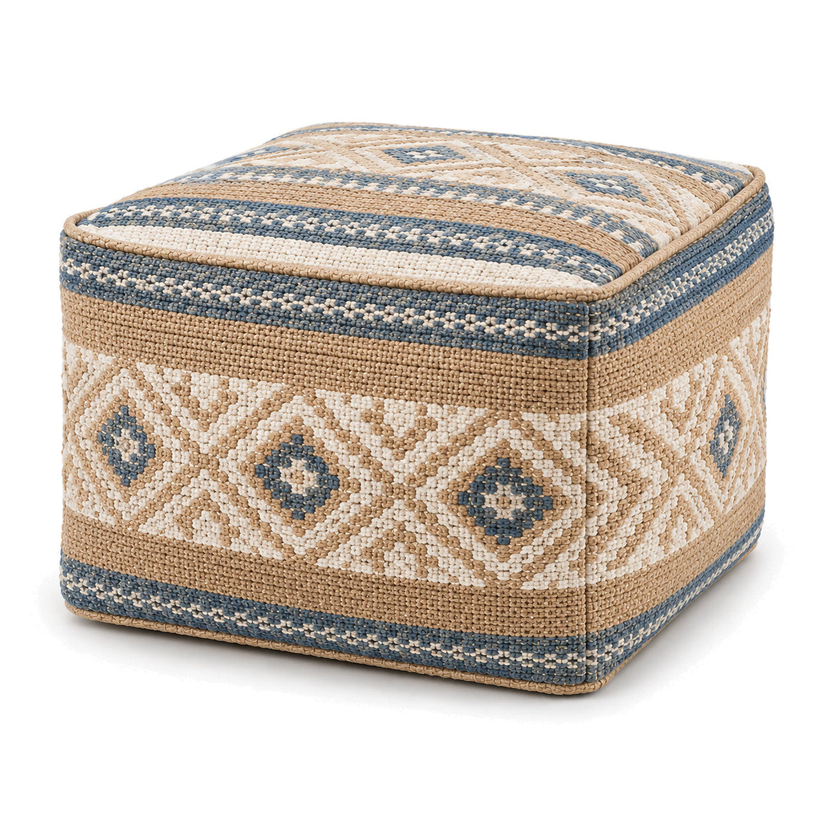 Blue, Beige & Ivory Boho Geometric Woven Cube Pouf by Primeval on white background