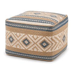 Blue, Beige & Ivory Boho Geometric Woven Cube Pouf by Primeval on white background