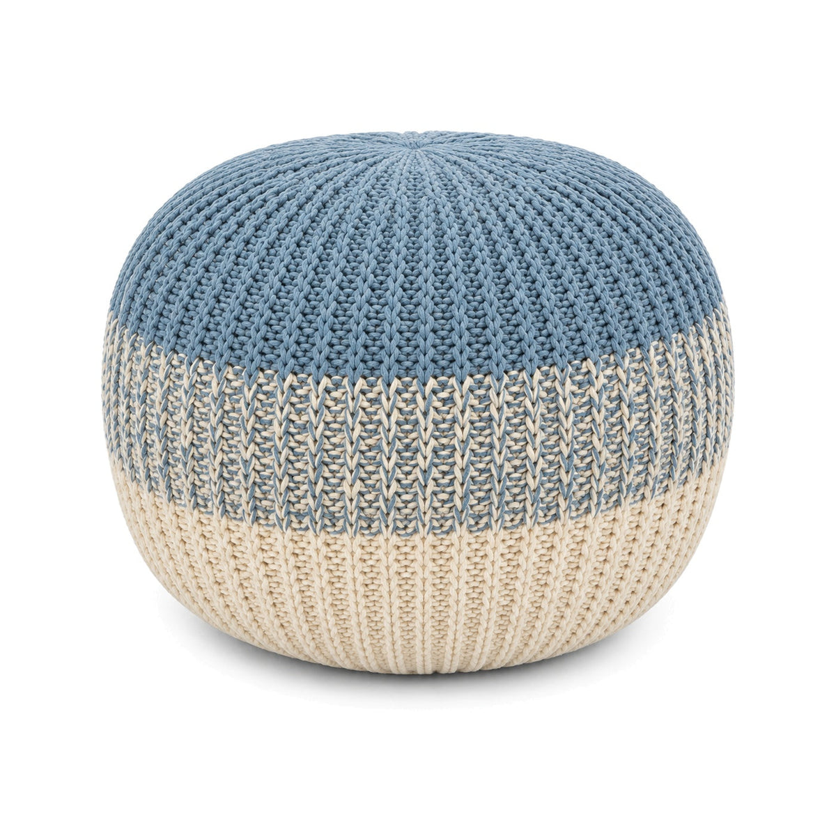 Blue and ivory chunky knitted round pouf ottoman on white background