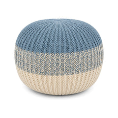 Blue and ivory chunky knitted round pouf ottoman on white background