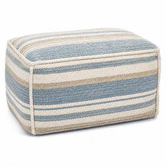 Blue, Ivory & Natural Stripe Woven Cotton Rectangular Pouf Ottoman on white background