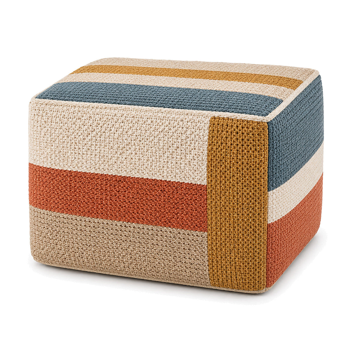 Blue, Mustard, Rust & Ivory Geometric Knit Cube Pouf by Primeval on white background