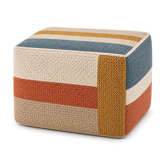 Blue, Mustard, Rust & Ivory Geometric Knit Cube Pouf by Primeval on white background