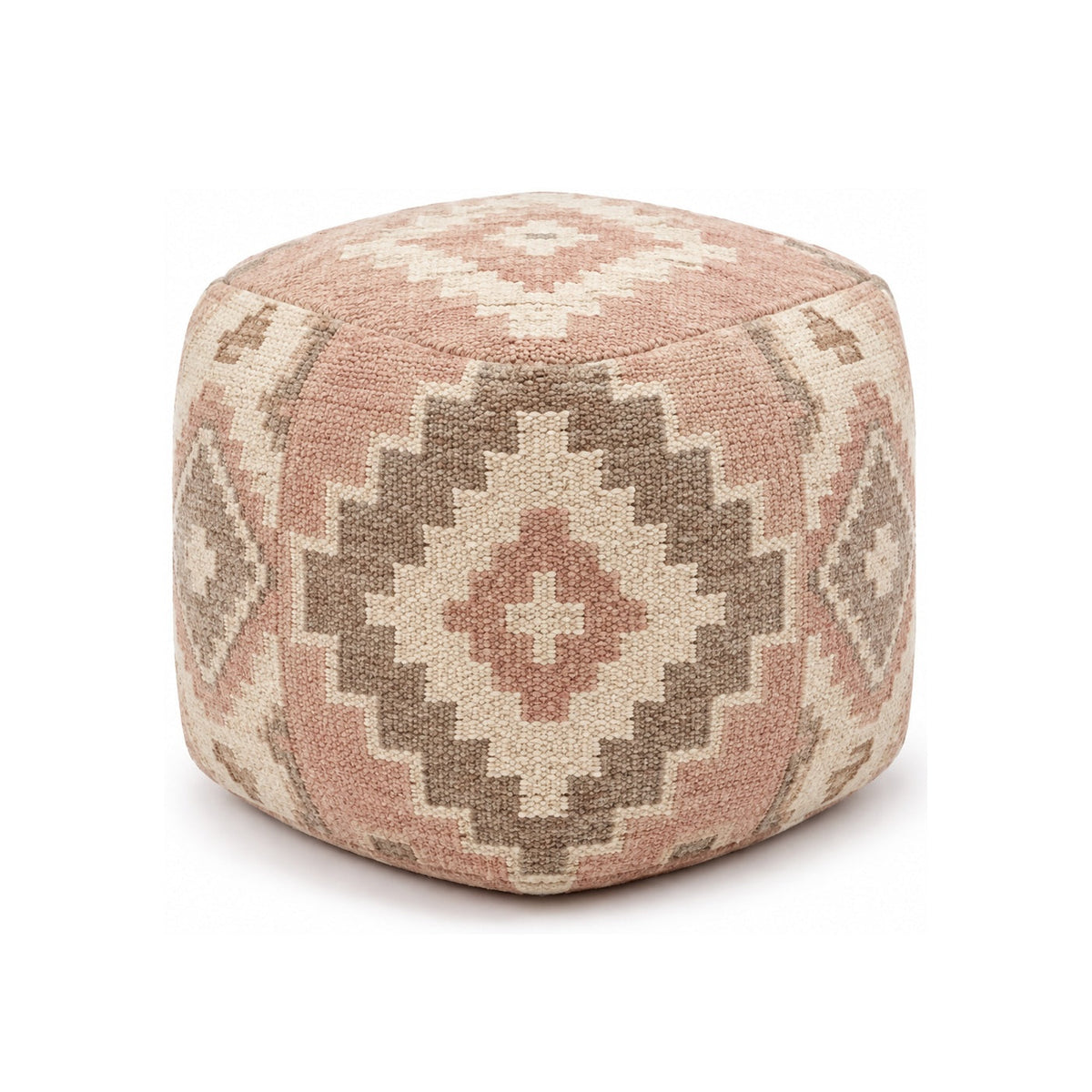 Blush & Ivory Diamond Kilim Cube Pouf Ottoman on white background