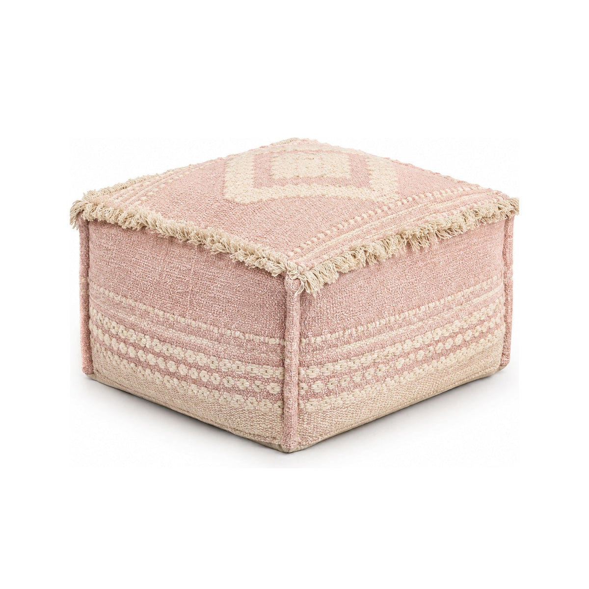 Blush & Ivory Fringe Woven Square Pouf Ottoman on white background