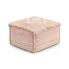 Blush & Ivory Fringe Woven Square Pouf Ottoman on white background