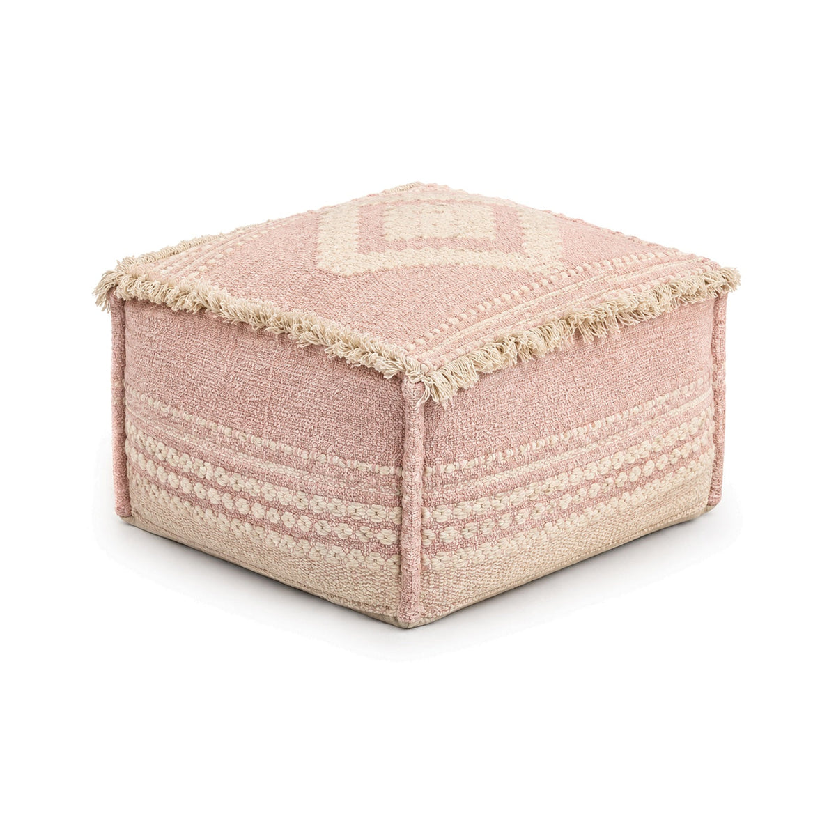Blush and ivory fringed geometric cube pouf ottoman on white background