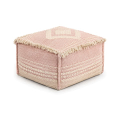 Blush and ivory fringed geometric cube pouf ottoman on white background