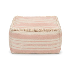 Blush and ivory fringed stripe cube pouf ottoman on white background