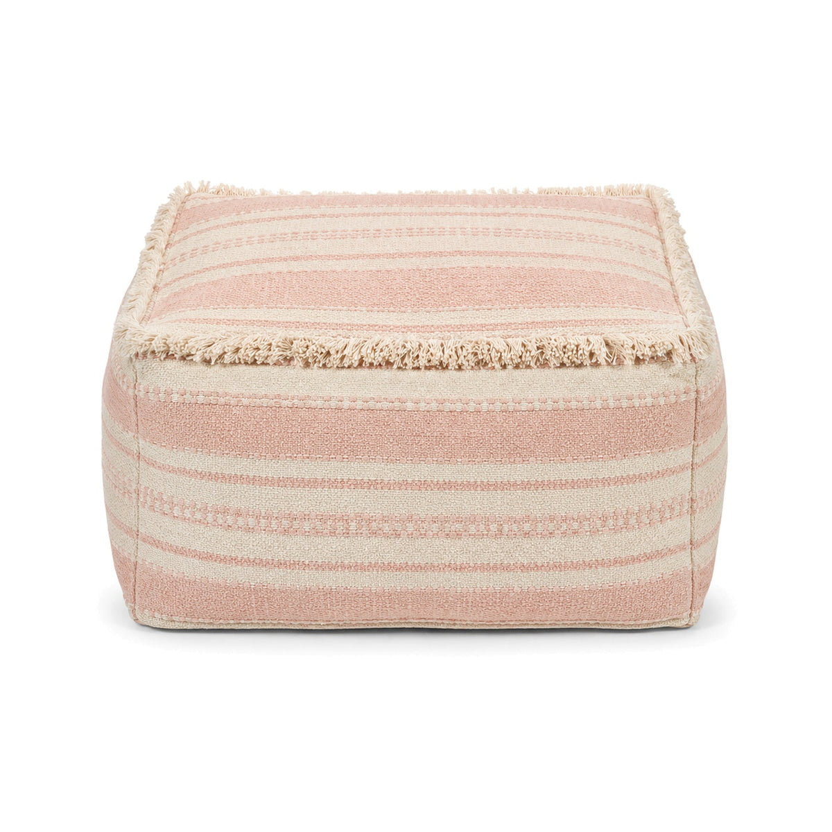Blush and ivory fringed stripe cube pouf ottoman on white background