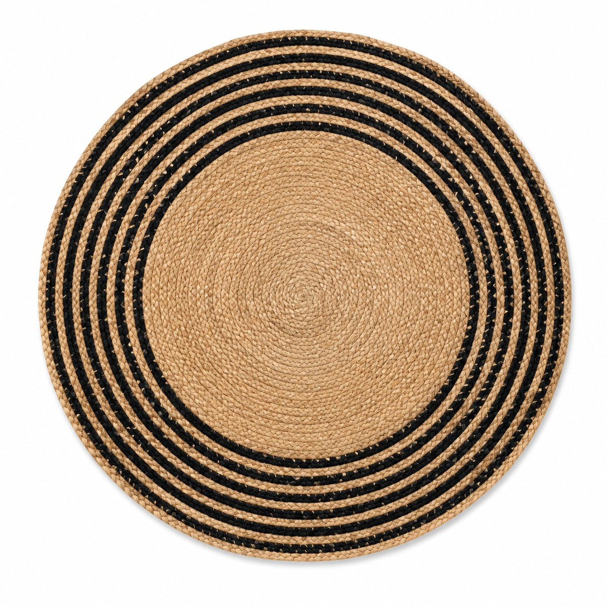 Braided natural round jute rug with black rings for B2B wholesale sourcing