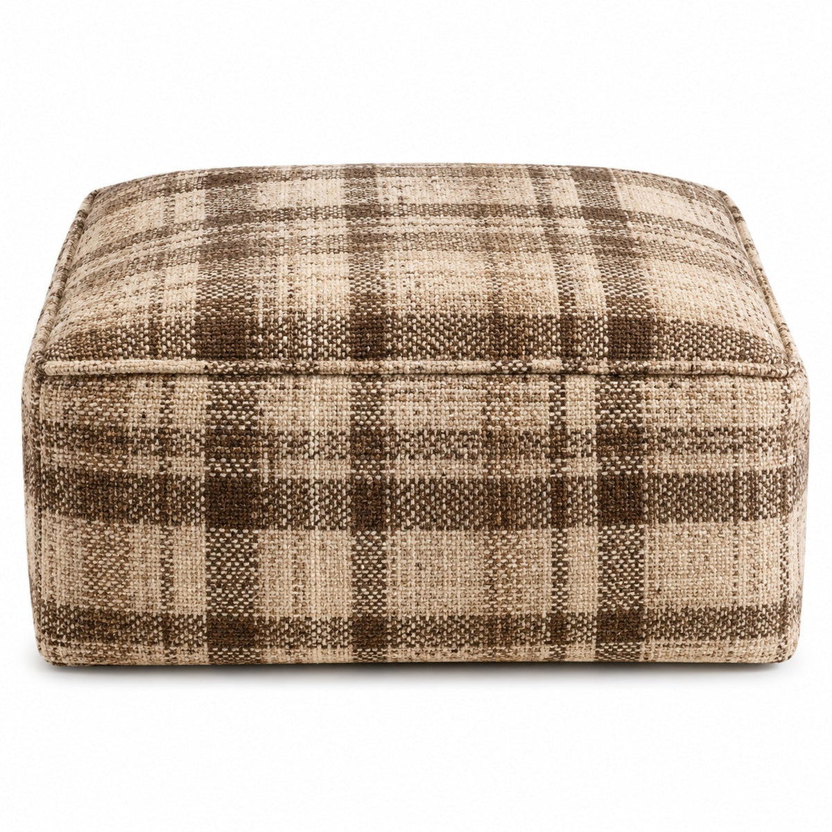 Brown & Beige Plaid Woven Wool Blend Rectangular Pouf Ottoman on white background