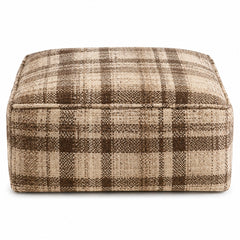 Brown & Beige Plaid Woven Wool Blend Rectangular Pouf Ottoman on white background