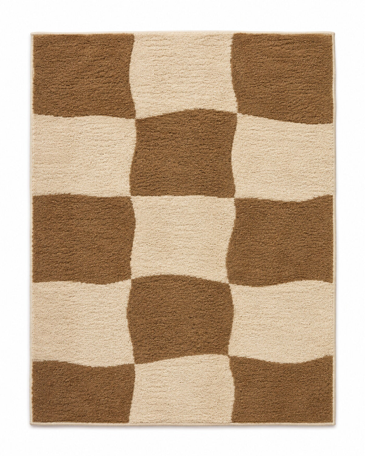 Brown and ivory checkerboard area rug with softly irregular squares and cozy graphic look