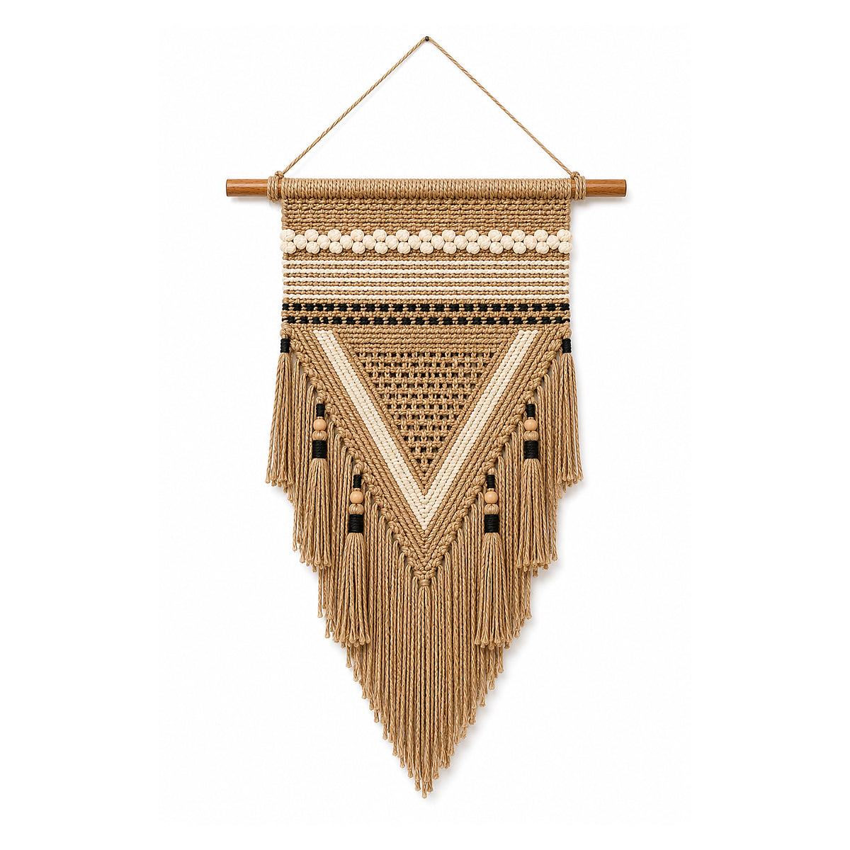 Camel black and ivory tribal triangle macrame wall hanging by Primeval
