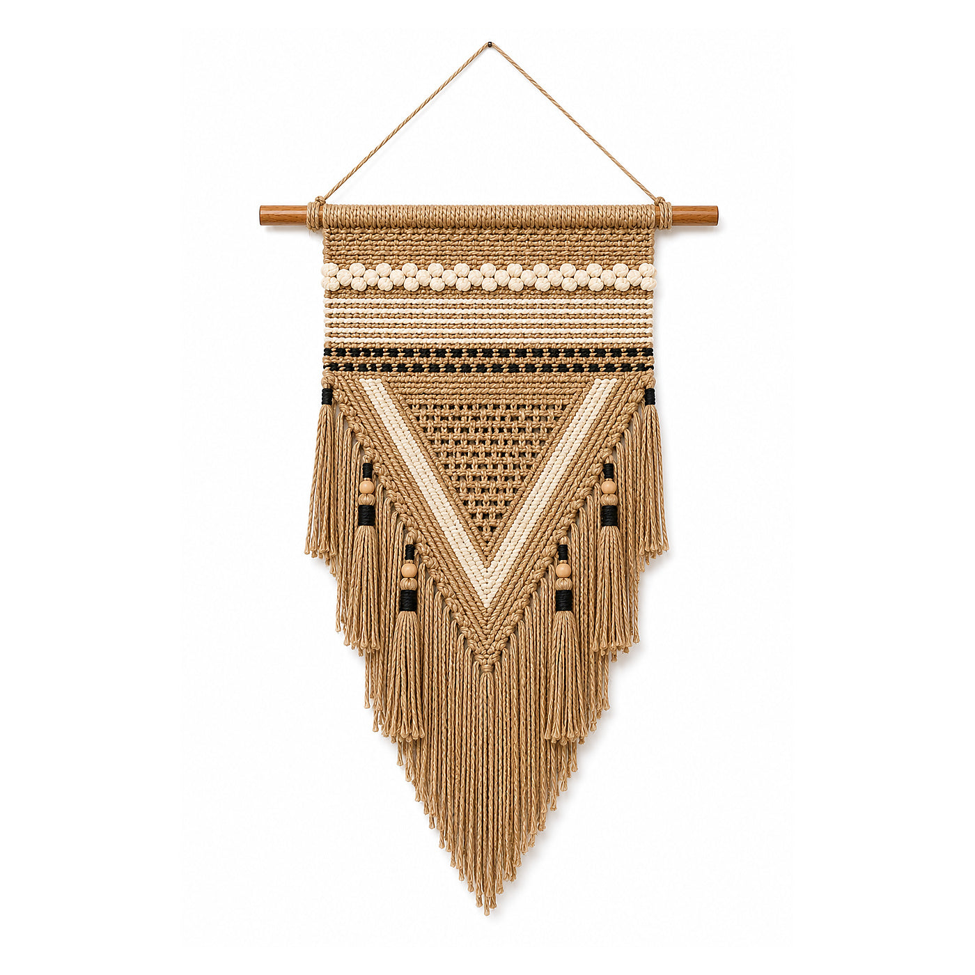 Camel black and ivory tribal triangle macrame wall hanging by Primeval