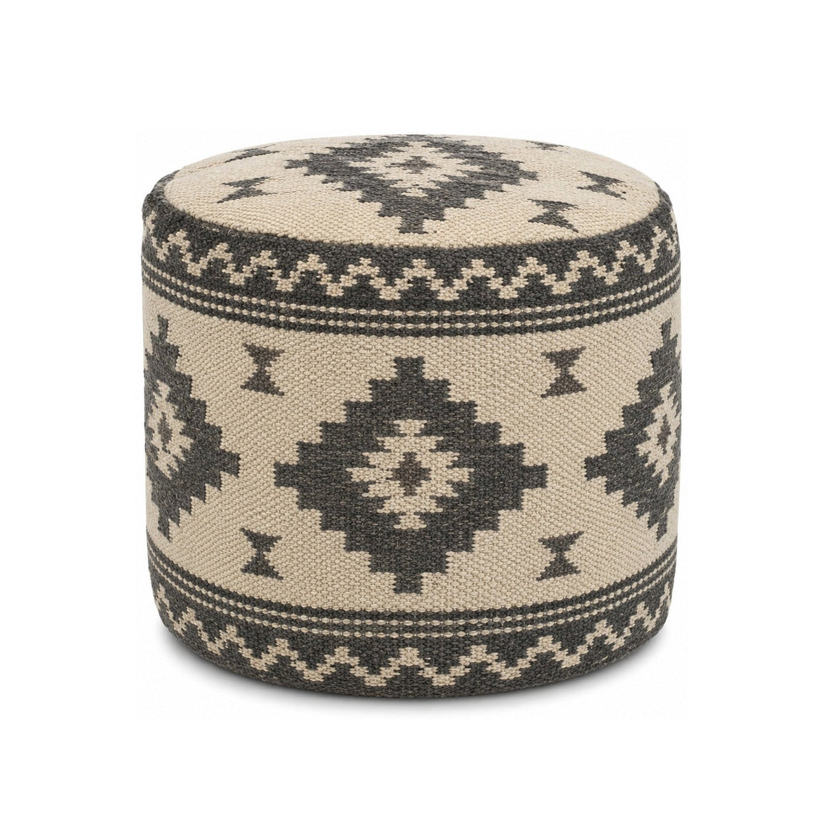 Charcoal & Beige Tribal Kilim Round Pouf Ottoman on white background