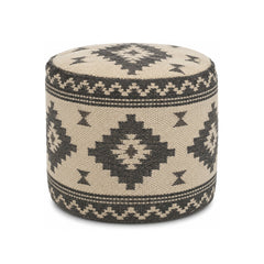 Charcoal & Beige Tribal Kilim Round Pouf Ottoman on white background