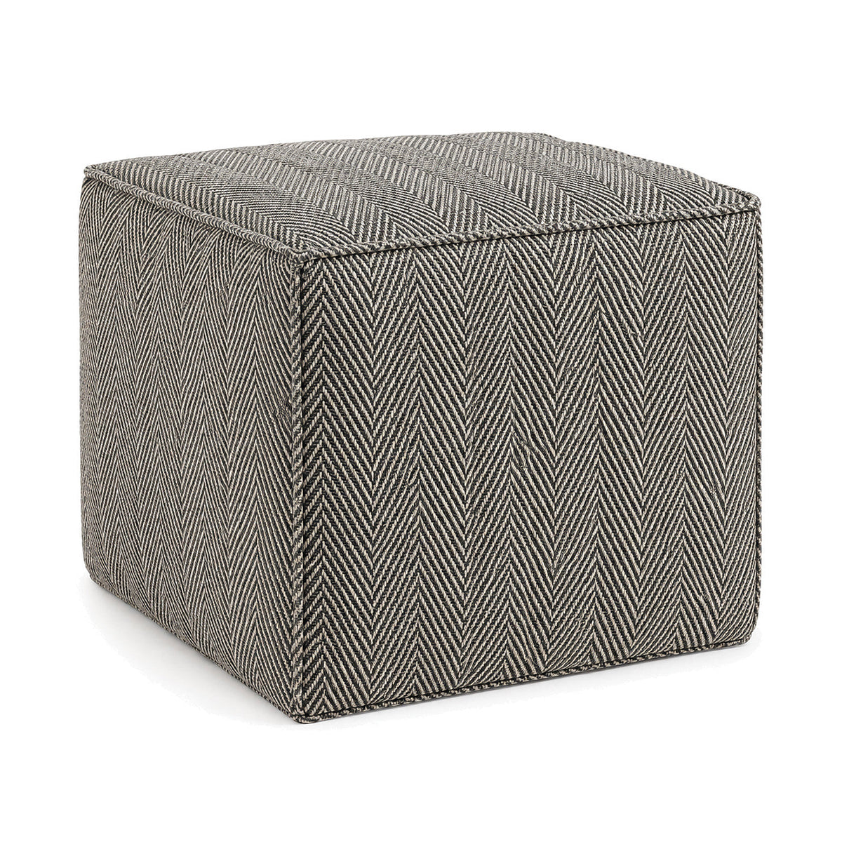 Charcoal Herringbone Upholstered Cube Pouf Ottoman by Primeval on white background