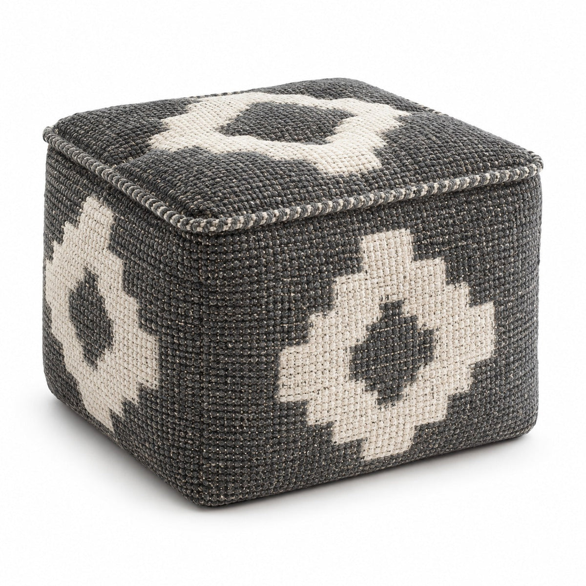 Charcoal & Ivory Bold Diamond Woven Cube Pouf Ottoman on white background