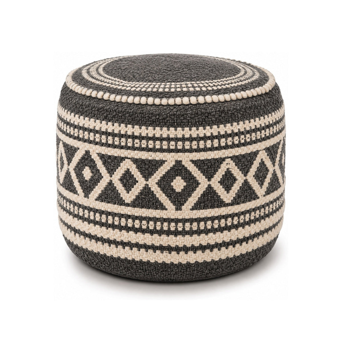 Charcoal & Ivory Diamond Band Round Pouf Ottoman on white background