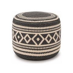 Charcoal & Ivory Diamond Band Round Pouf Ottoman on white background