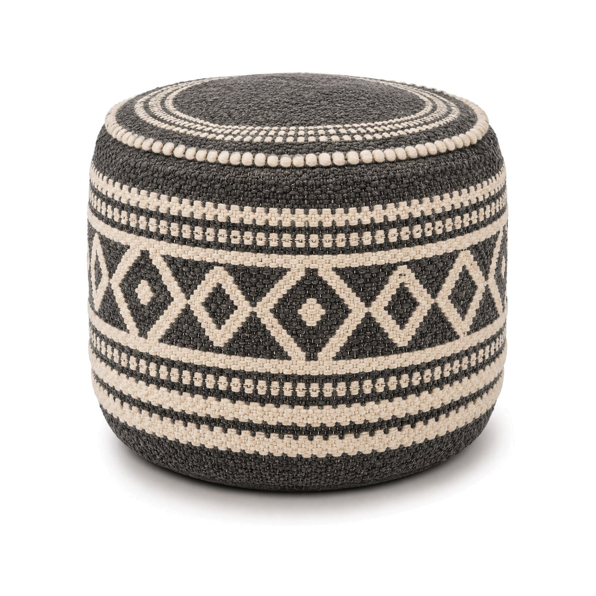 Charcoal and ivory tribal diamond round pouf ottoman on white background