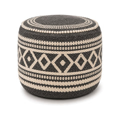Charcoal and ivory tribal diamond round pouf ottoman on white background