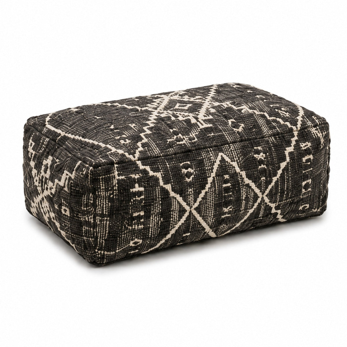 Charcoal & Ivory Tribal Kilim Rectangular Pouf Ottoman on white background