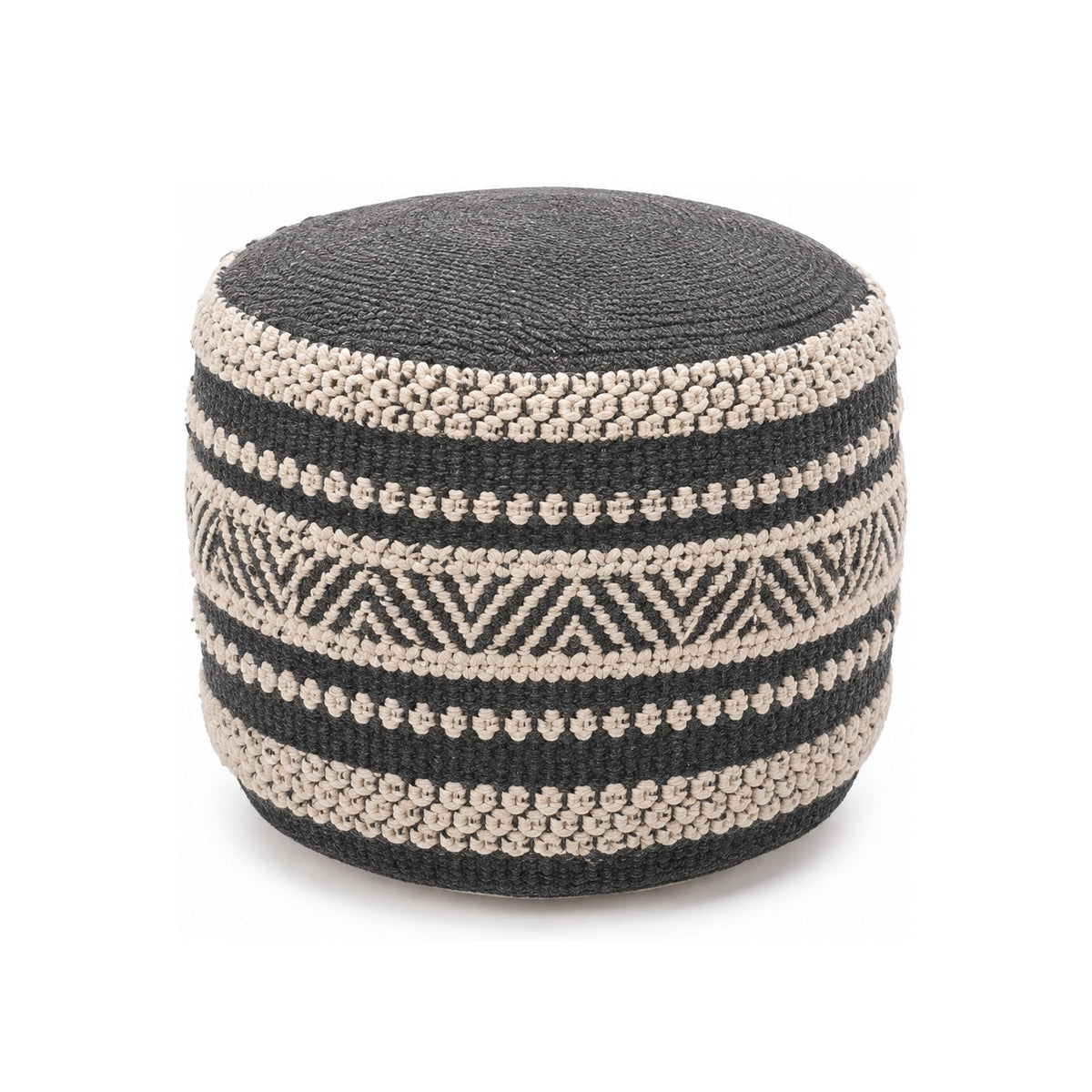 Charcoal & Ivory Tribal Stripe Round Pouf Ottoman on white background