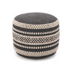 Charcoal & Ivory Tribal Stripe Round Pouf Ottoman on white background