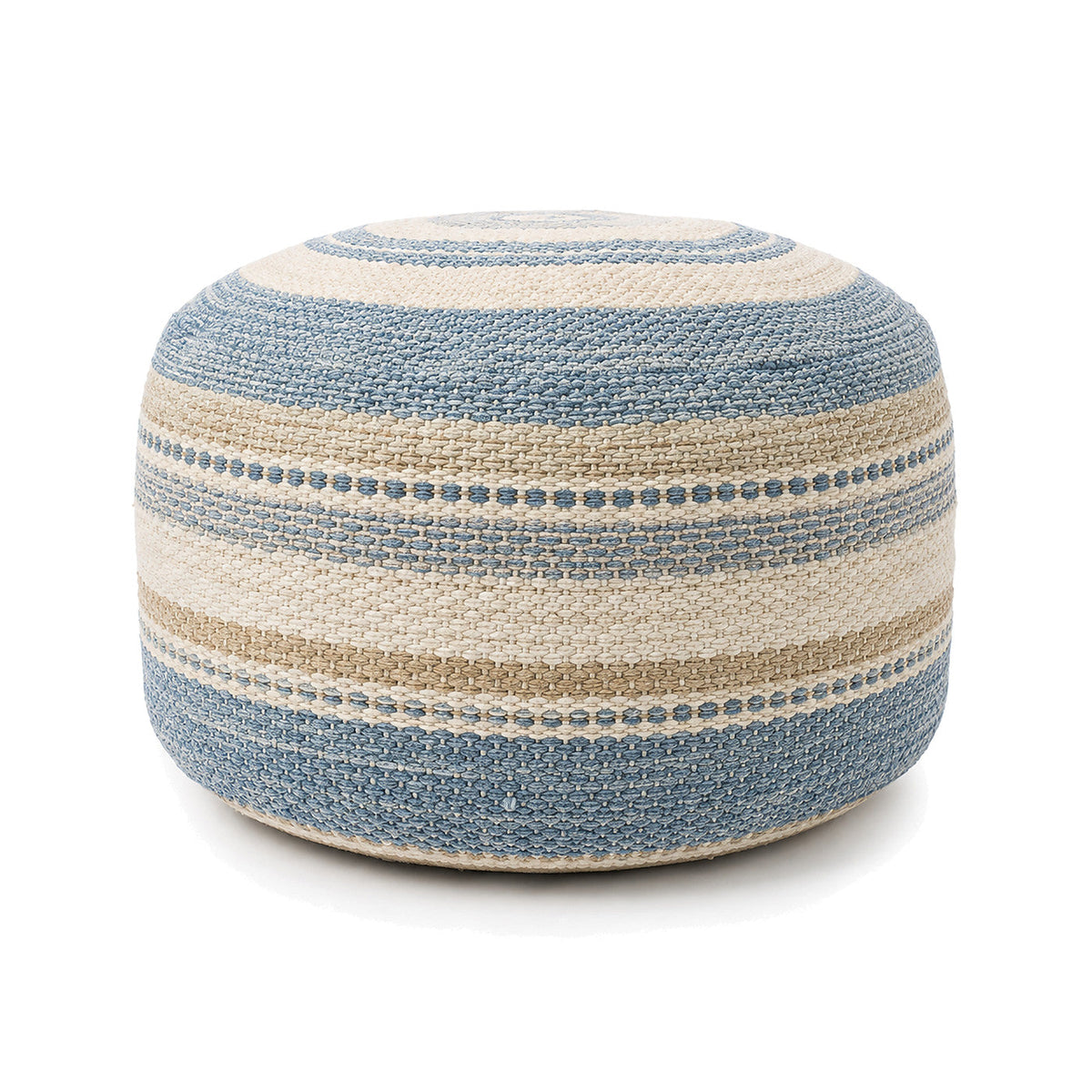 Coastal Blue, Cream & Natural Stripe Woven Round Pouf by Primeval on white background
