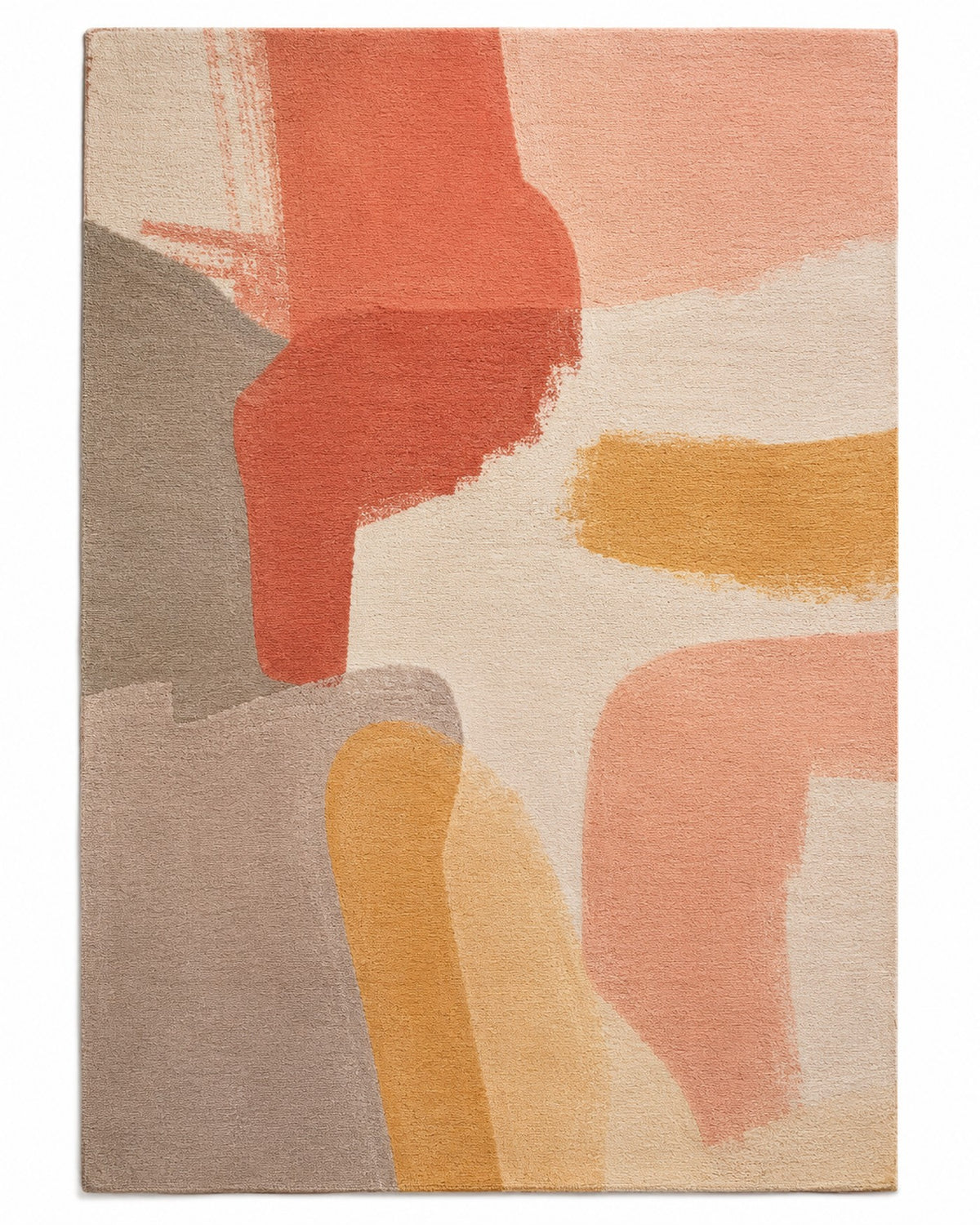 Coral, blush, mustard and taupe painterly abstract area rug for wholesale sourcing from India