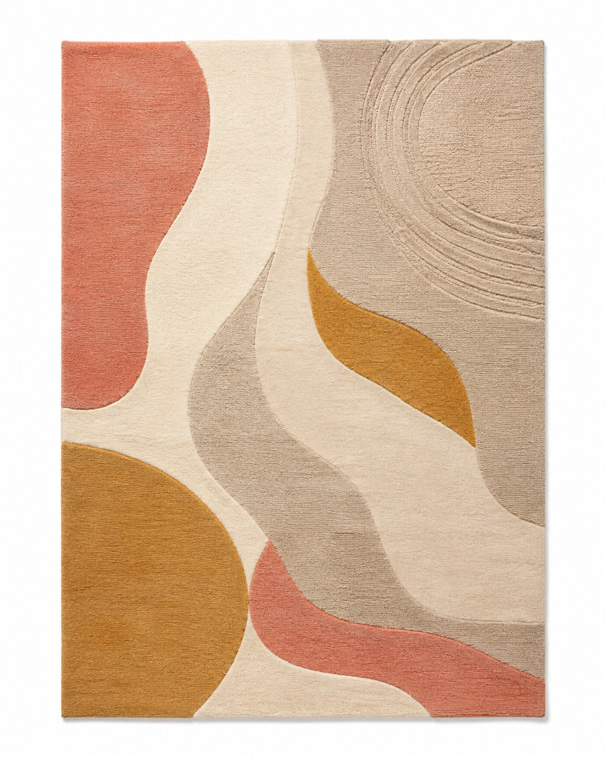 Cream area rug with coral, mustard and taupe flowing curved shapes and soft abstract movement