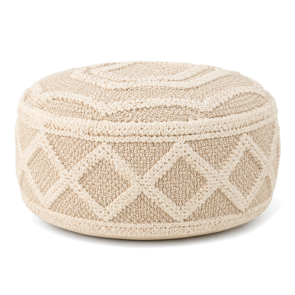 Cream & Beige Diamond Lattice Woven Round Pouf by Primeval on white background
