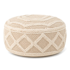 Cream & Beige Diamond Lattice Woven Round Pouf by Primeval on white background