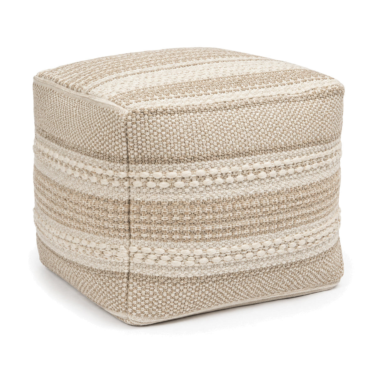 Cream & Beige Layered Stripe Woven Cube Pouf by Primeval on white background