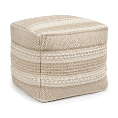 Cream & Beige Layered Stripe Woven Cube Pouf by Primeval on white background