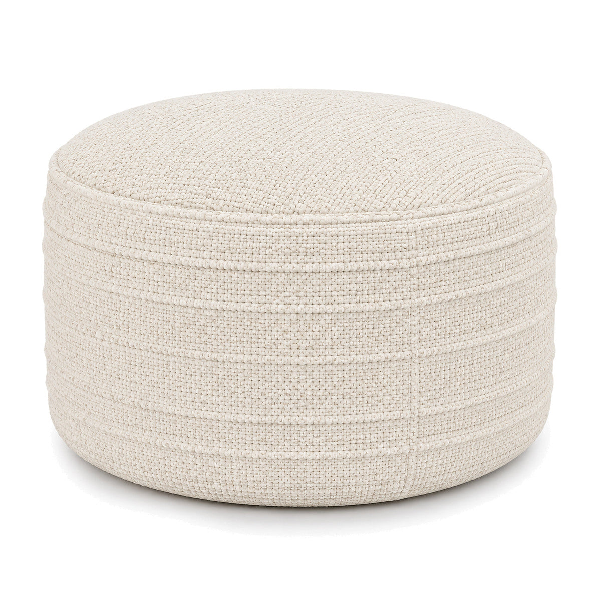 Cream Bouclé-Style Fine-Rib Round Pouf Ottoman by Primeval on white background